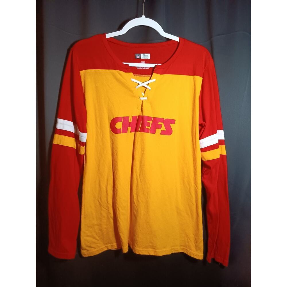 Kansas City Chiefs Women’s Lace‑Up V‑Neck Varsity Jersey Red Yellow Large NFL
